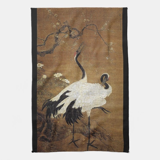 Chinese Scroll Art Crane Bird Floral Kitchen Towel (Vertical)