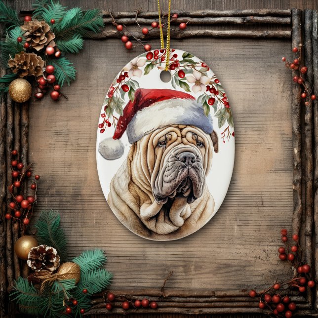 Chinese Shar-Pei Dog Holly Berry Christmas Ceramic Ornament (Creator Uploaded)