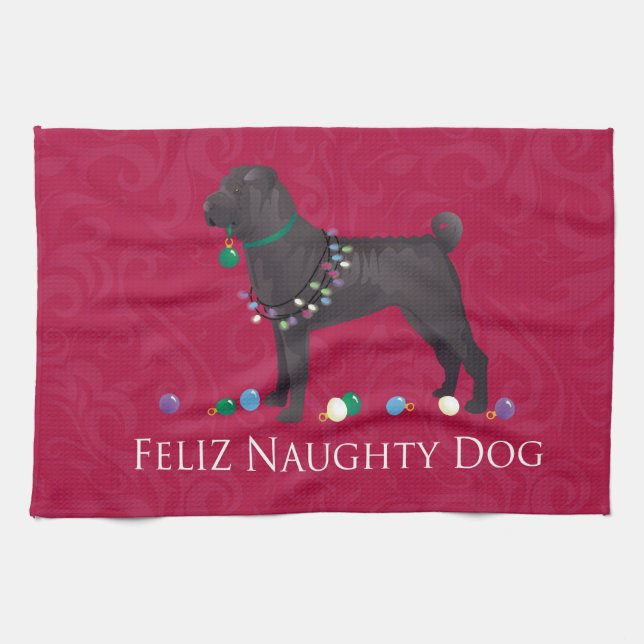 Chinese Shar Pei Feliz Naughty Dog Christmas Desgn Tea Towel (Horizontal)