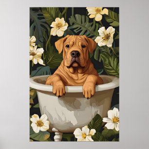 Chinese Shar Pei In Bathtub Poster, Funny Dog Poster
