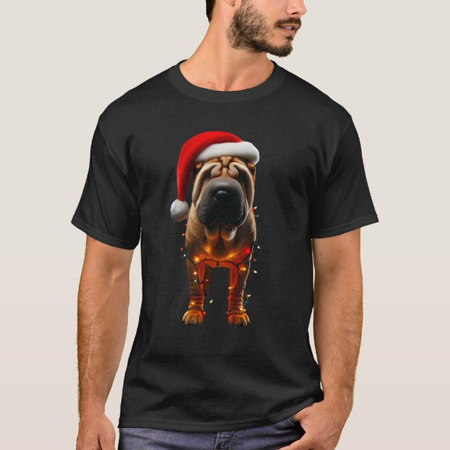 Chinese Shar Pei Santa Hat Christmas Lights Dog Ow T-Shirt (Front)
