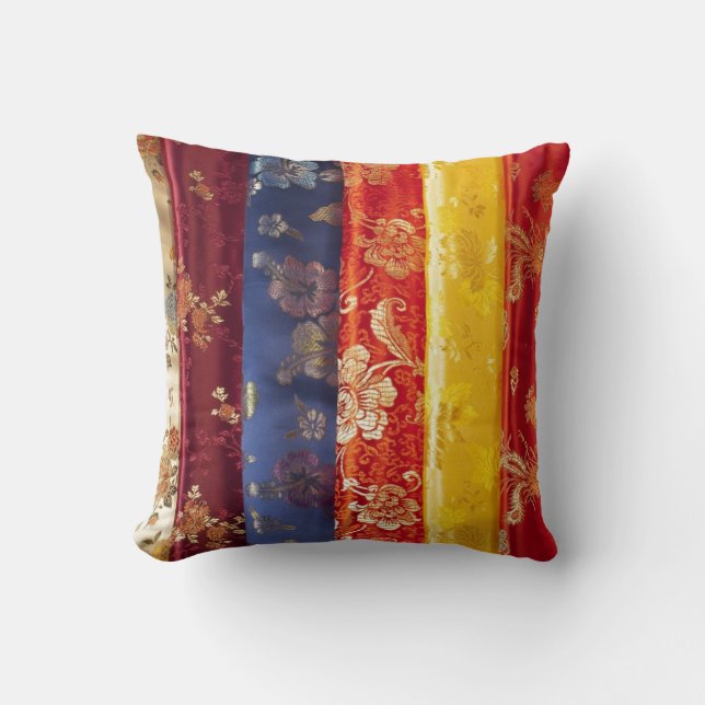 Chinese silk patchwork pattern golden red blue cushion (Front)