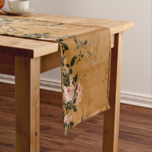 Chinese Song Dynasty Roses & Bees by Zhao Chang Short Table Runner