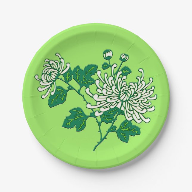 Chinese spider chrysanthemums - creamy white paper plate (Front)