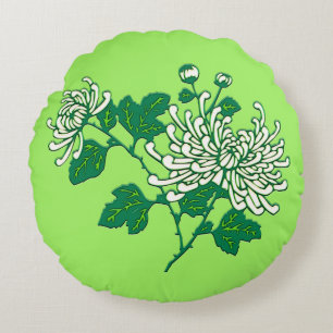 Chinese spider chrysanthemums - creamy white round cushion