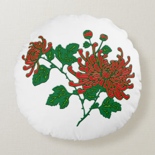 Chinese spider chrysanthemums - deep Chinese red Round Cushion