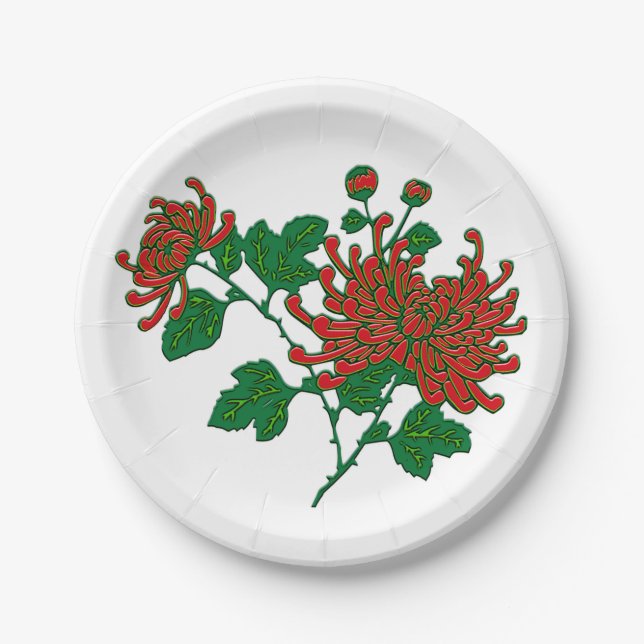 Chinese spider chrysanthemums - deep red paper plate (Front)