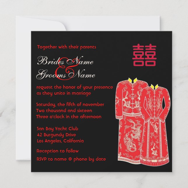Chinese Tang Suits Double Happiness Wedding Invite (Front)