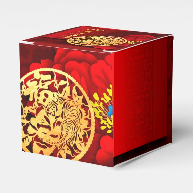 Chinese Tiger paper-cut Peonies New Year 2022 FB2  Favour Box (Front Side)