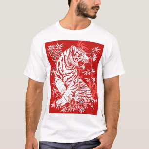 Chinese Tiger Papercut Art Print on Red Background T-Shirt