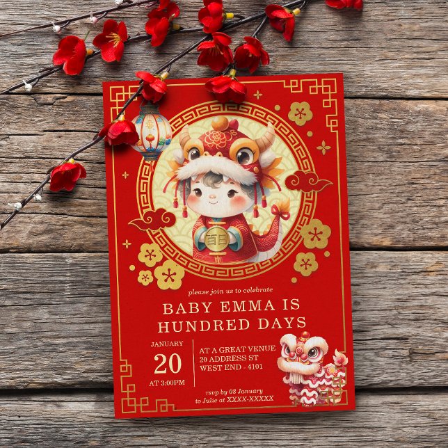 Chinese Traditional Baby 100 Days 百日 Invitation (radition meets joy! Our vibrant Chinese Traditional Baby 100 Days Invitation sets the perfect tone.)