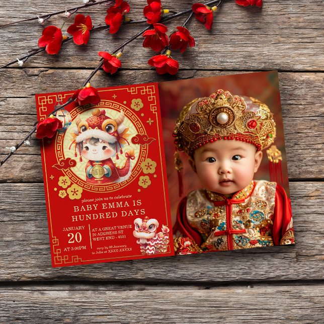 Chinese Traditional Baby 100 Days 百日 Invitation (radition meets joy! Our vibrant Chinese Traditional Baby 100 Days Invitation sets the perfect tone.)