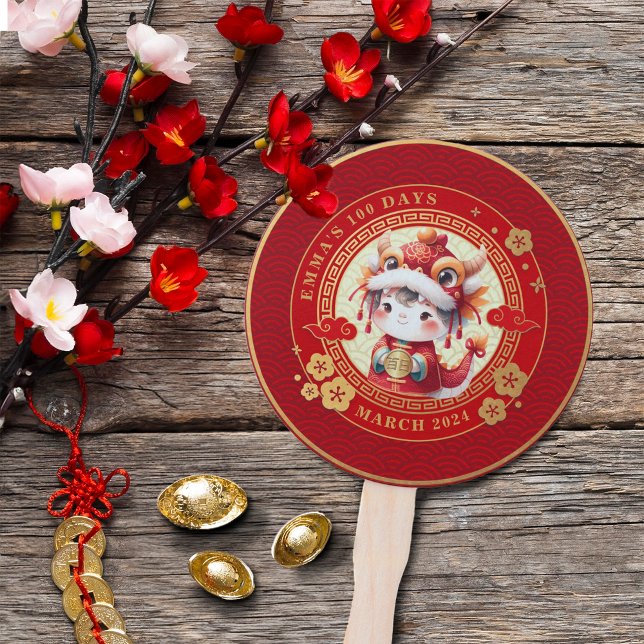 Chinese Traditional Baby 100 Days 百日 Invitation Hand Fan (Stay Cool, with our Baby 100 days celebration fan. A great idea for an original party favor! )