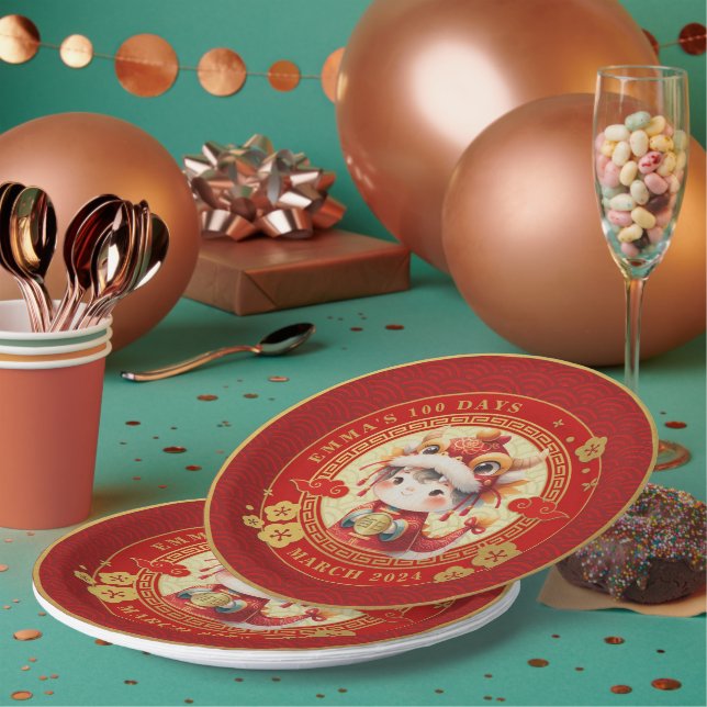 Chinese Traditional Baby 100 Days 百日 Paper Plate (Multi)