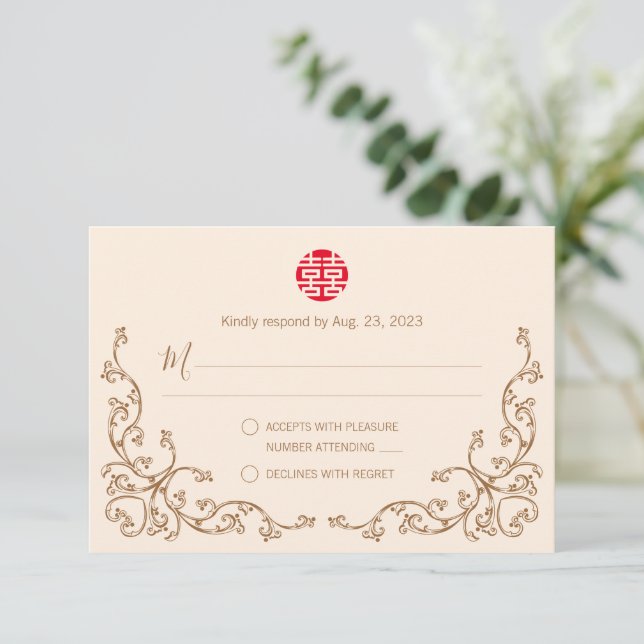 Chinese Vintage Flourish Frame Wedding RSVP (Standing Front)