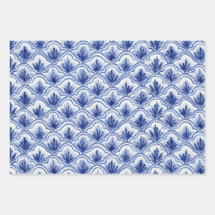 Chinese Vintage Shell Blue and White Pattern  Wrapping Paper Sheet