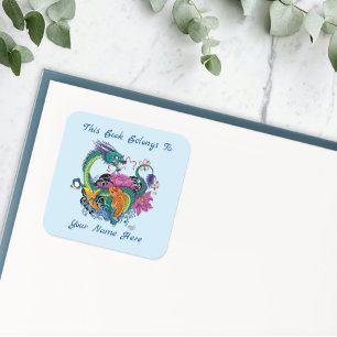 Chinese Water Dragon Koi Fish Bookplate Square Sticker