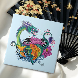 Chinese Water Dragon Koi Fish Ceramic Tile