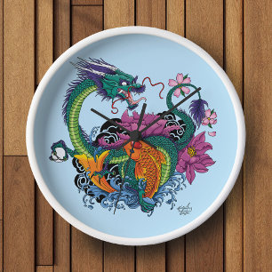 Chinese Water Dragon Koi Fish Clock