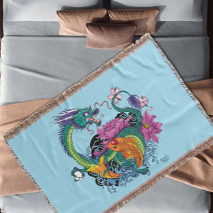 Chinese Water Dragon Koi Fish Throw Blanket