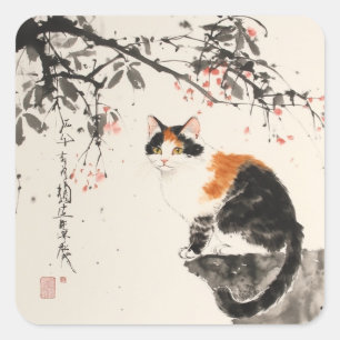 Chinese watercolor - Calico cat Square Sticker