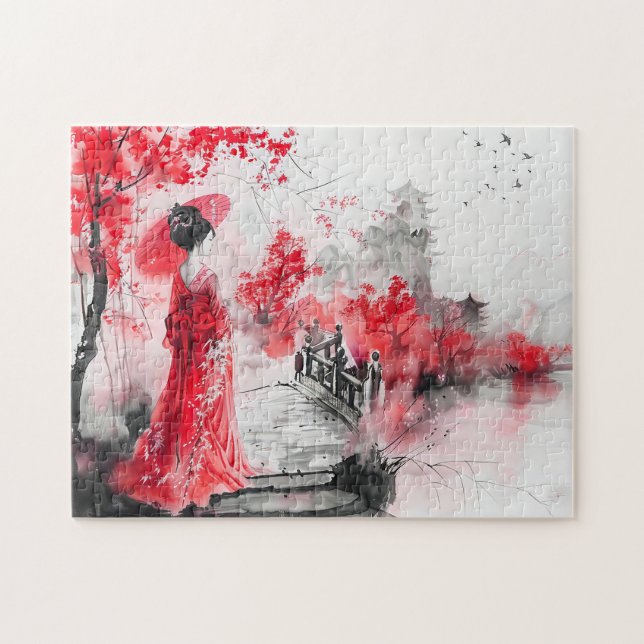 Chinese Watercolor Geisha on a Bridge Jigsaw Puzzle (Horizontal)