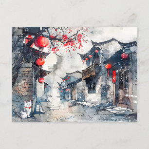 Chinese Watercolor Lantern-Lit Old Town Postcard