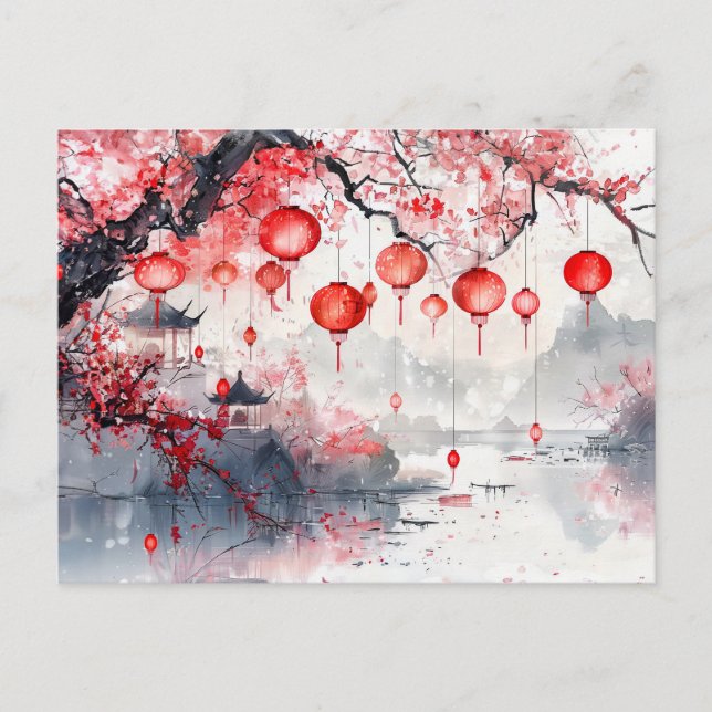Chinese Watercolor Lanterns and Blossoming Trees Postcard (Front)