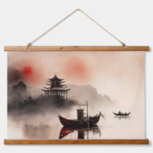 Chinese watercolor of fishing boats hanging tapestry
