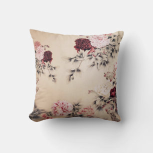 Chinese watercolor pink peony vintage floral cushion