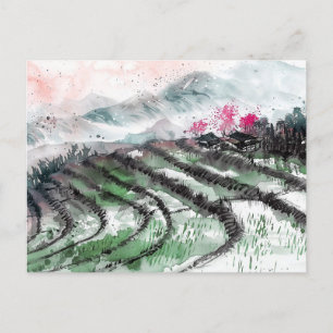 Chinese Watercolor Serene Rice Terraces Postcard