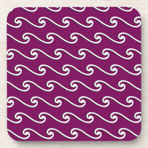 Chinese wave pattern - white on eggplant purple coaster