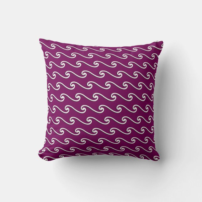 Chinese wave pattern - white on eggplant purple cushion (Front)