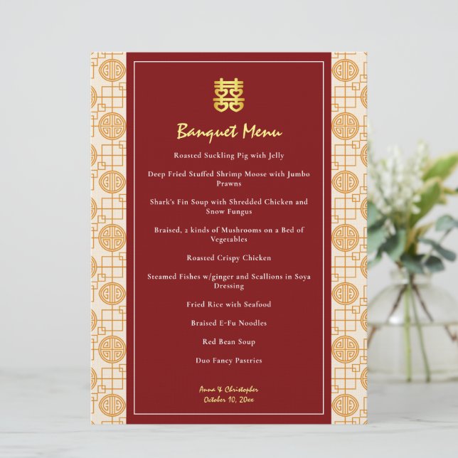 Chinese wedding auspicious peranakan banquet menu (Standing Front)