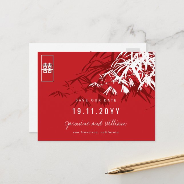 Chinese Wedding Bamboo Zen Modern Save The Date Announcement Postcard (Front/Back In Situ)