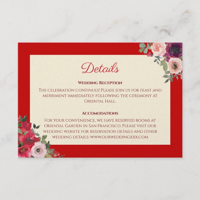 Chinese wedding details red purple floral garden enclosure card (Front)
