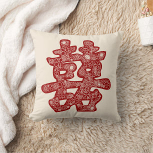 Chinese Wedding Double Happiness Floral Paper Cut Cushion