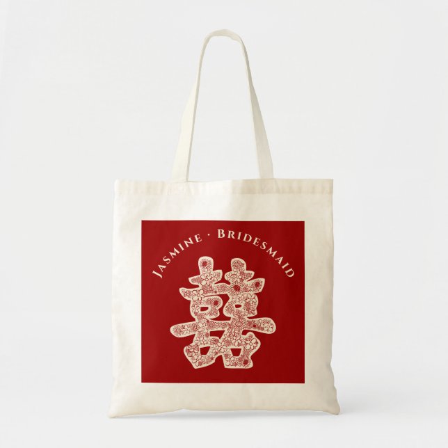 Chinese Wedding Double Happiness Floral Paper Cut Tote Bag (Front)