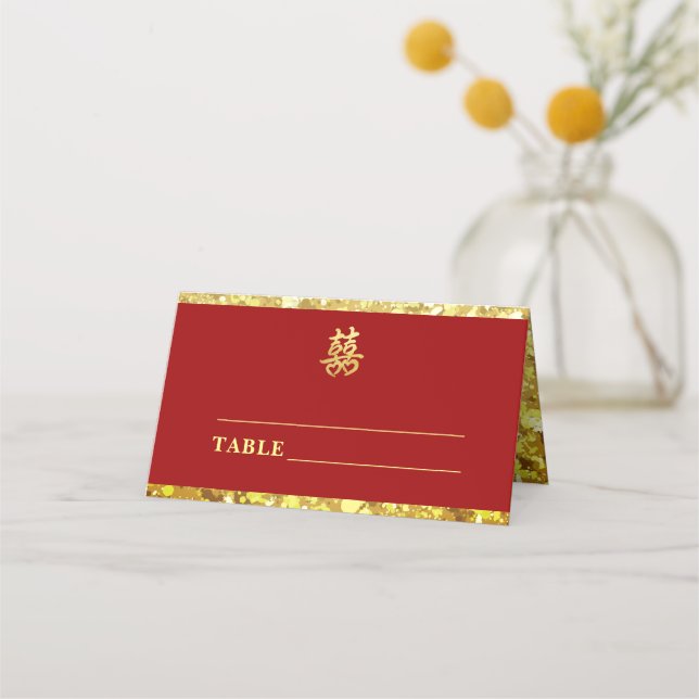 Chinese wedding double happiness heart formal red place card (Front)