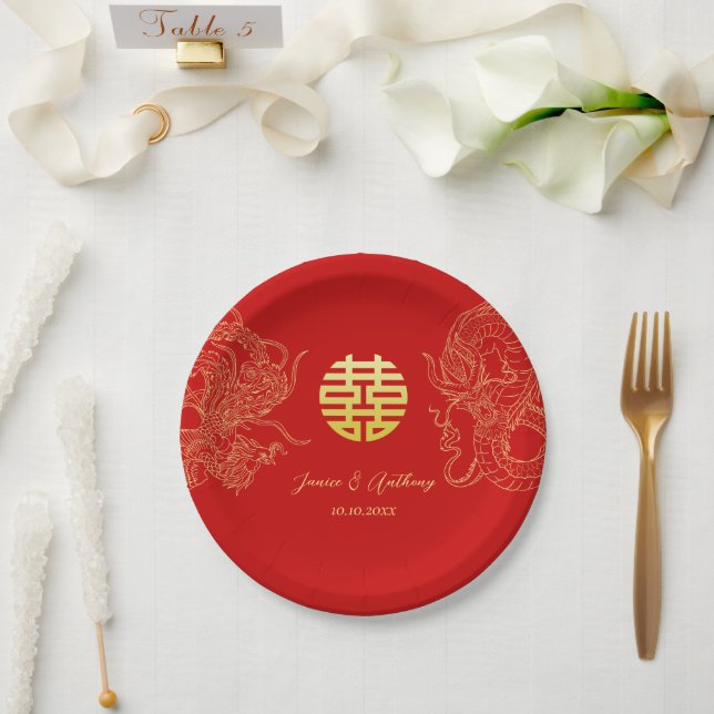 Chinese wedding dragon and phoenix tea ceremony paper plate (Wedding)