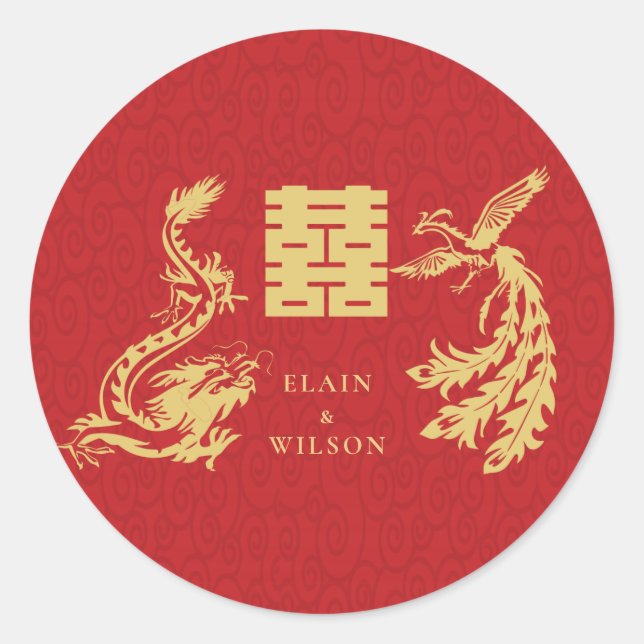 Chinese Wedding Dragon-Phoenix Double Xi Red Gold Classic Round Sticker (Front)