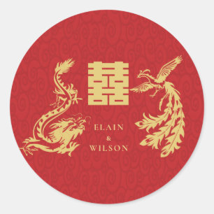 Chinese Wedding Dragon-Phoenix Double Xi Red Gold Classic Round Sticker
