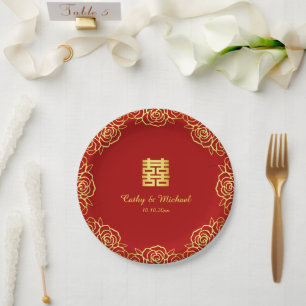 Chinese wedding floral rose papercut red and gold paper plate