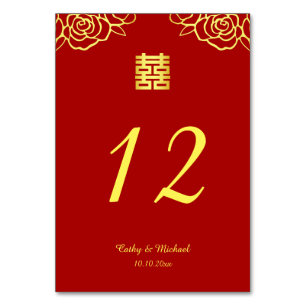Chinese wedding floral rose papercut red and gold table number