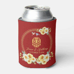 Chinese wedding frame red floral bird elegant can cooler