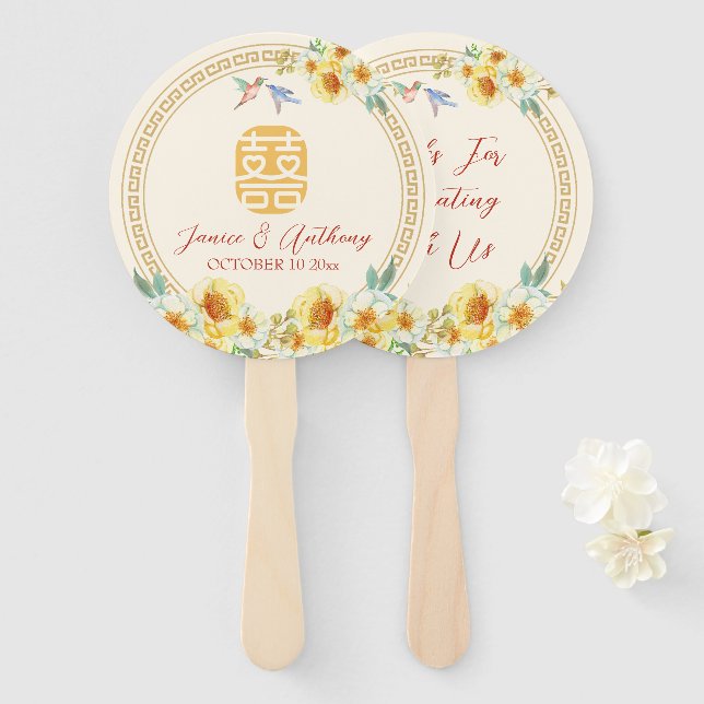 Chinese wedding frame yellow floral bird elegant hand fan (Front and Back)