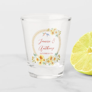 Chinese wedding frame yellow floral bird elegant shot glass