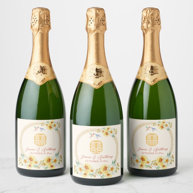 Chinese wedding frame yellow floral bird elegant sparkling wine label (Bottles)