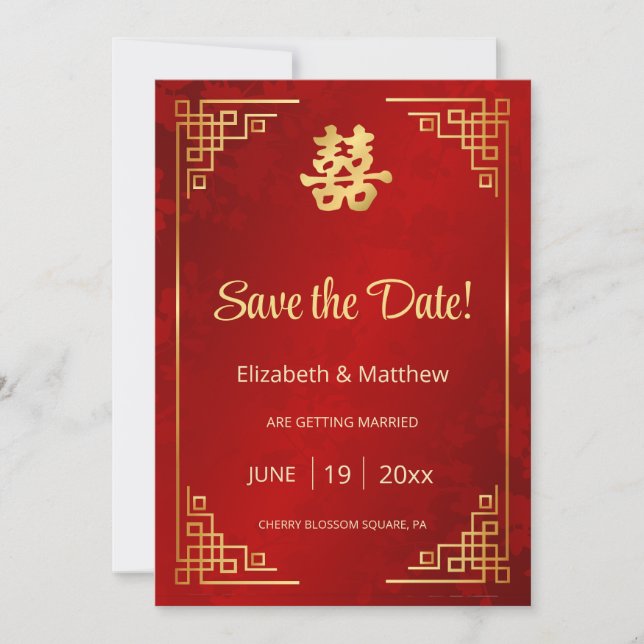 Chinese Wedding Gold Frame Save The Date (Front)