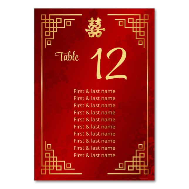 Chinese Wedding Guest Names  Table Number (Front)